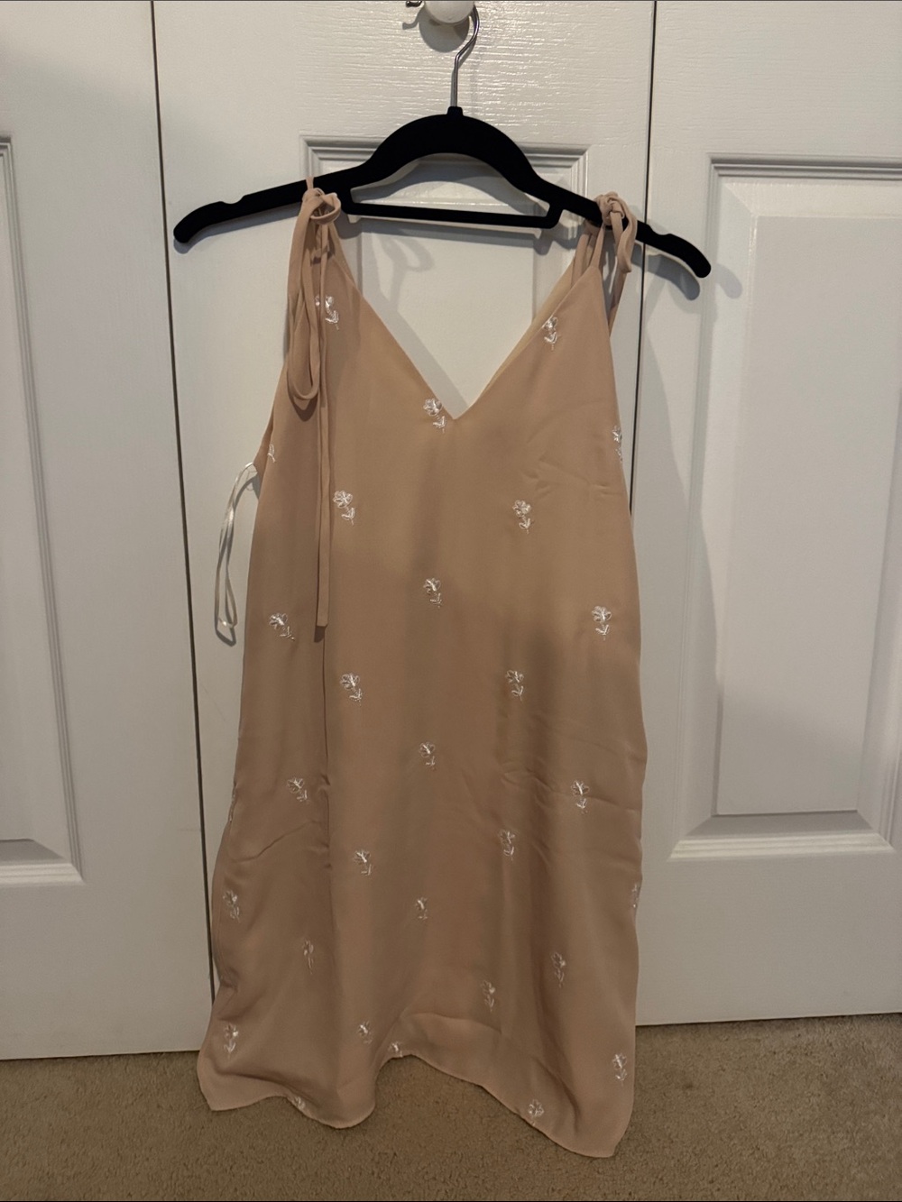 English Factory Beige Slip Dress with White Floral Embroidery